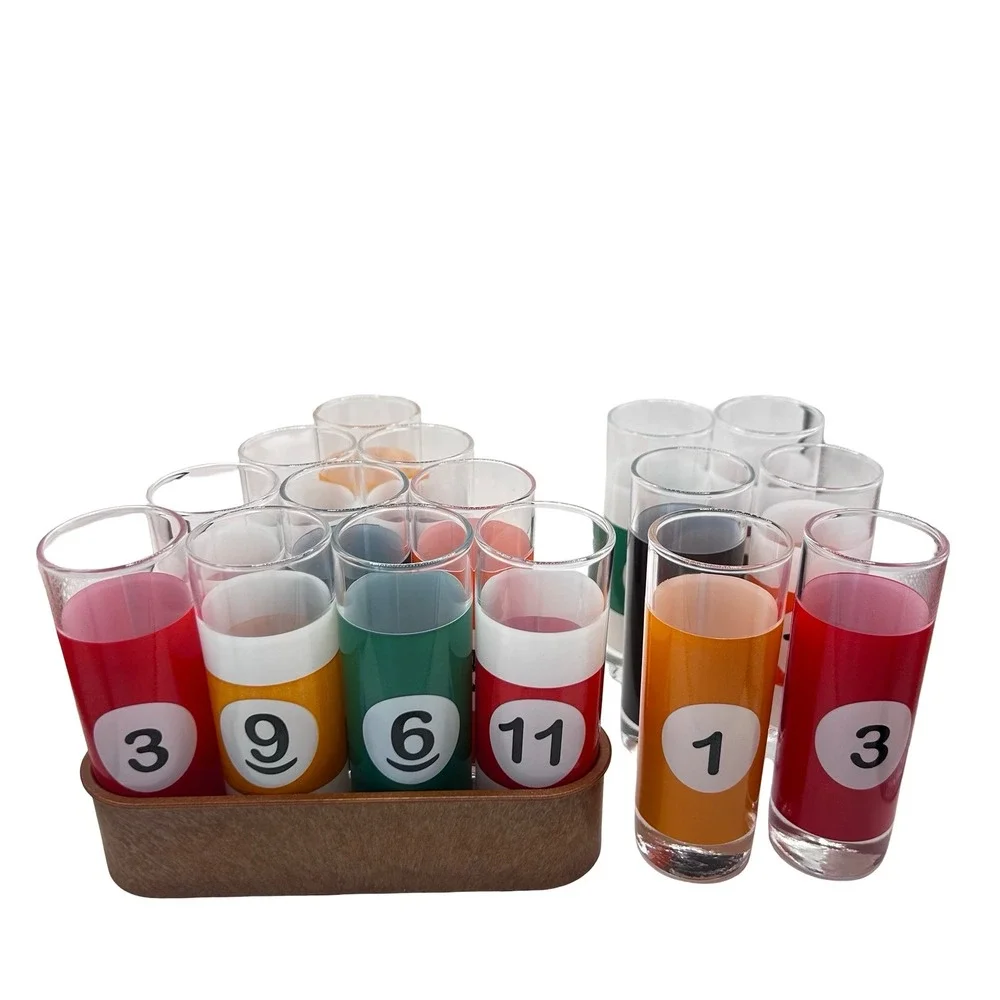 17 PC Luminarc Vintage Pool Parlor Shot Glass Set with Rack Barware Billiards